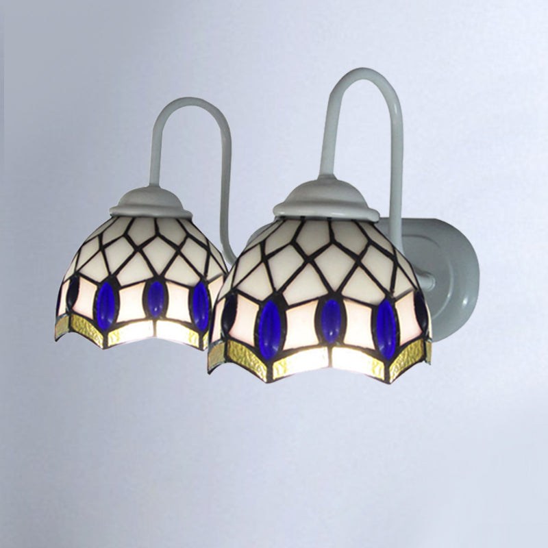 BowLift | White Dome Wall Lamp Tiffany 2 Heads Speckled Glass Wall Mounted Lamp with Blue Ornament Decoration