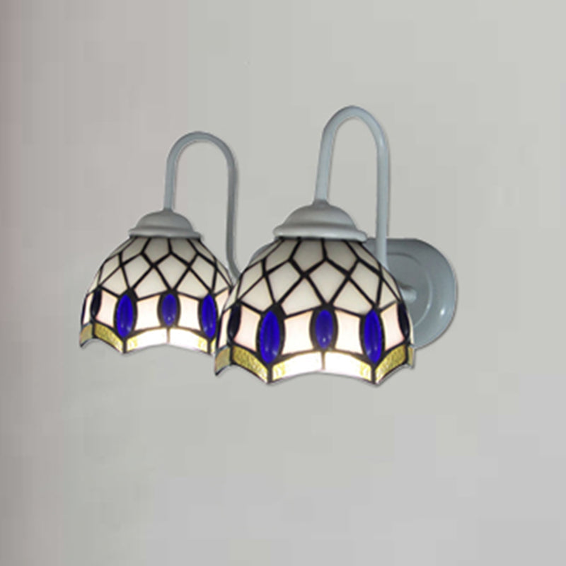 BowLift | White Dome Wall Lamp Tiffany 2 Heads Speckled Glass Wall Mounted Lamp with Blue Ornament Decoration