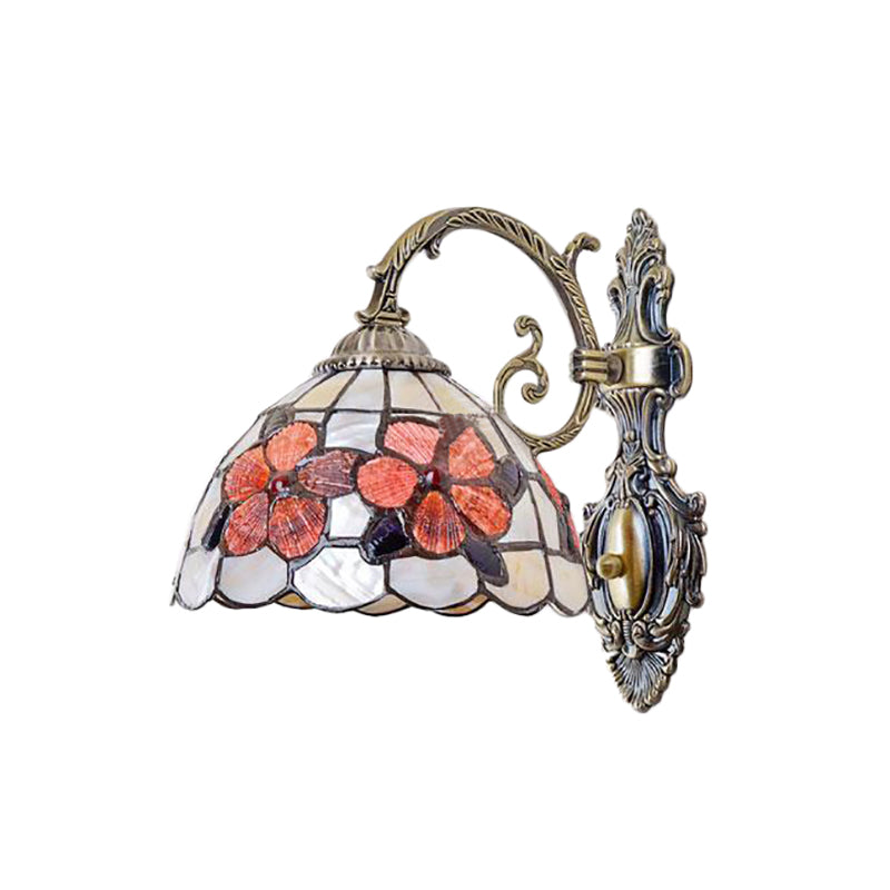 BowLift | Bowl-shaped Wall-mounted Light with Stained Glass 1-Light Wall Lighting with Floral Pattern in Antique Brass