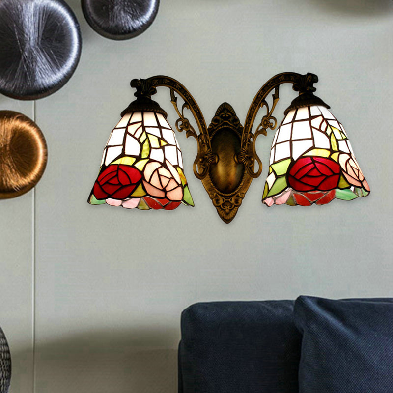 BowLift | Tiffany Style Wall Lamp Glass Painted 2 Lights Wall Lamp with Rose Pattern in Bronze Finish