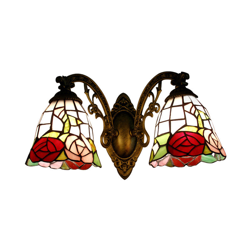 BowLift | Tiffany Style Wall Lamp Glass Painted 2 Lights Wall Lamp with Rose Pattern in Bronze Finish