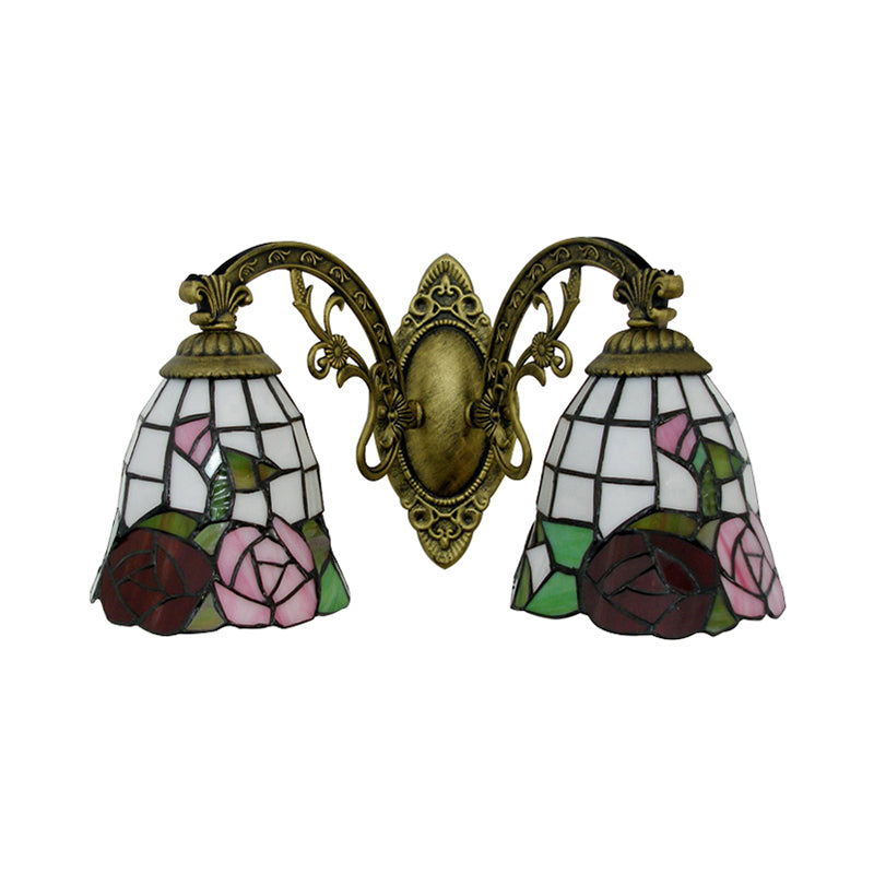 BowLift | Tiffany Style Wall Lamp Glass Painted 2 Lights Wall Lamp with Rose Pattern in Bronze Finish