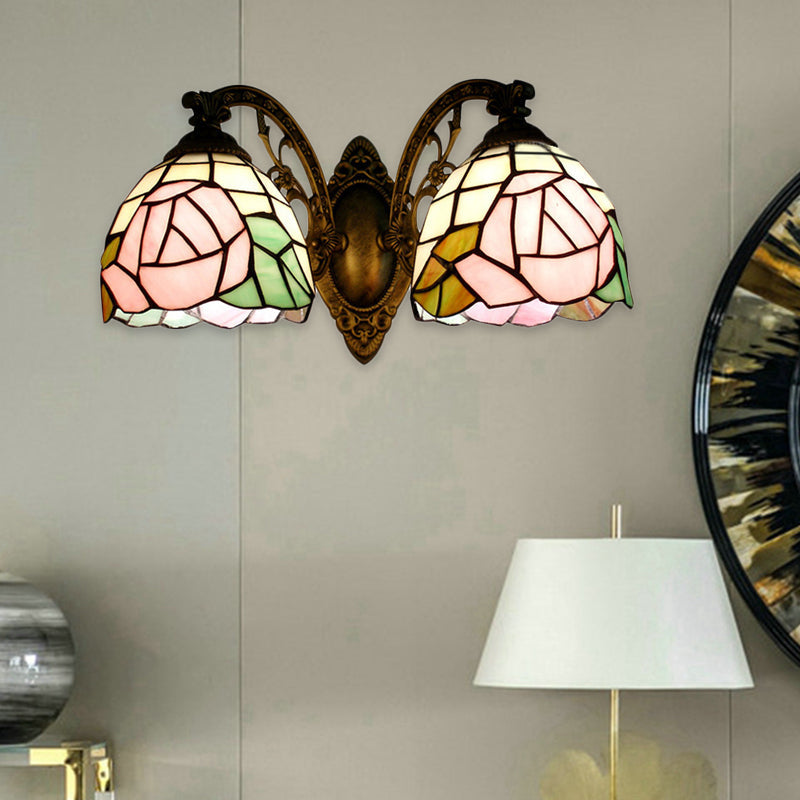 BowLift | Tiffany Style Wall Lamp Glass Painted 2 Lights Wall Lamp with Rose Pattern in Bronze Finish