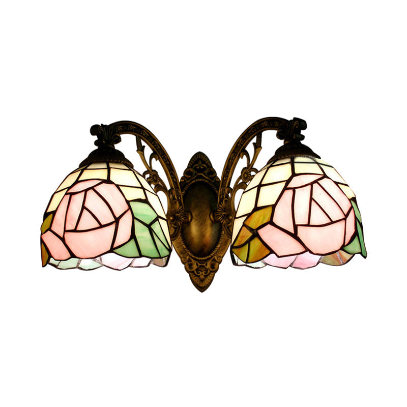 BowLift | Tiffany Style Wall Lamp Glass Painted 2 Lights Wall Lamp with Rose Pattern in Bronze Finish