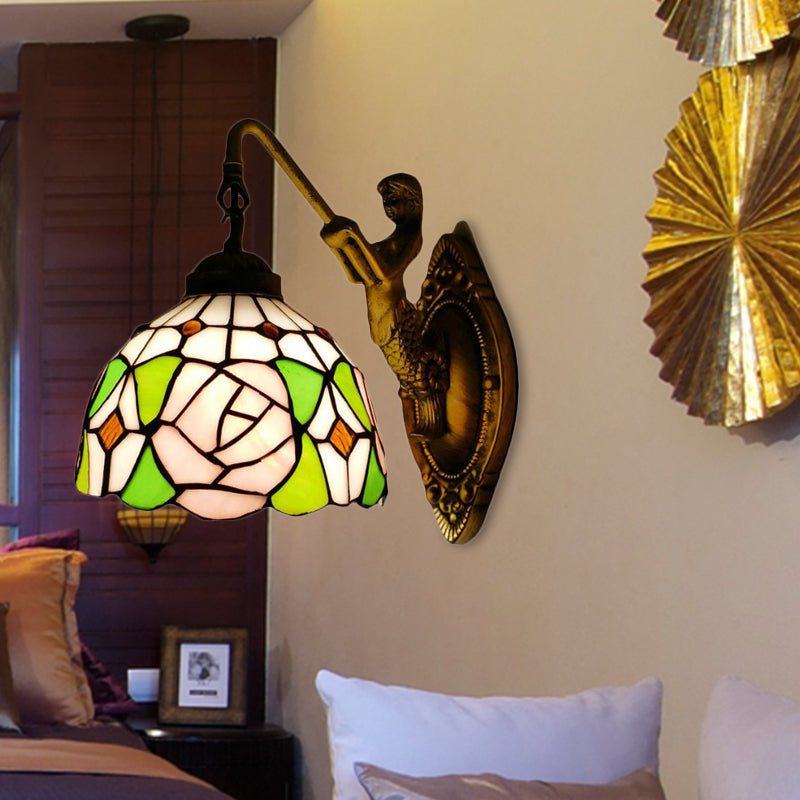 BowLift | Tiffany 1 Main Assembly Light Pink/Green-Pink Bowl Wall Lamp with Yellow Colored Glass and Mermaid Back Plate