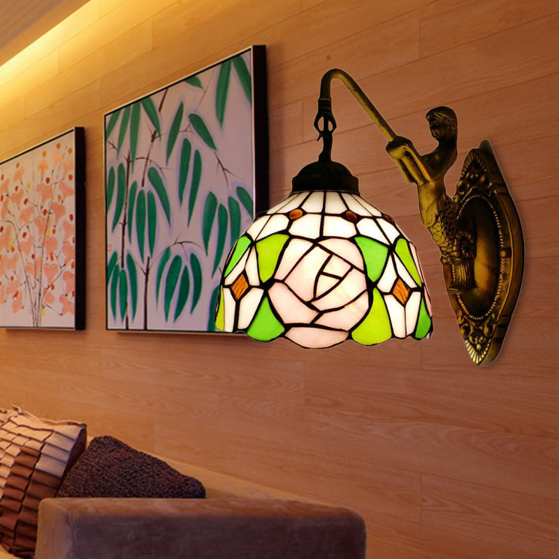 BowLift | Tiffany 1 Main Assembly Light Pink/Green-Pink Bowl Wall Lamp with Yellow Colored Glass and Mermaid Back Plate
