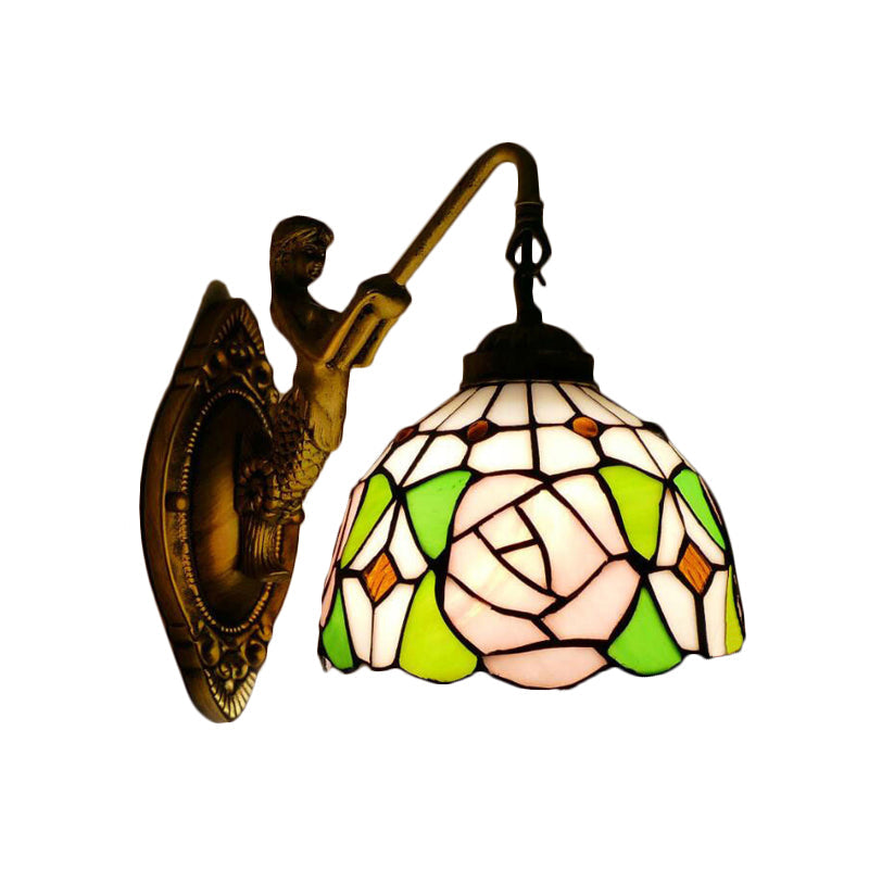 BowLift | Tiffany 1 Main Assembly Light Pink/Green-Pink Bowl Wall Lamp with Yellow Colored Glass and Mermaid Back Plate