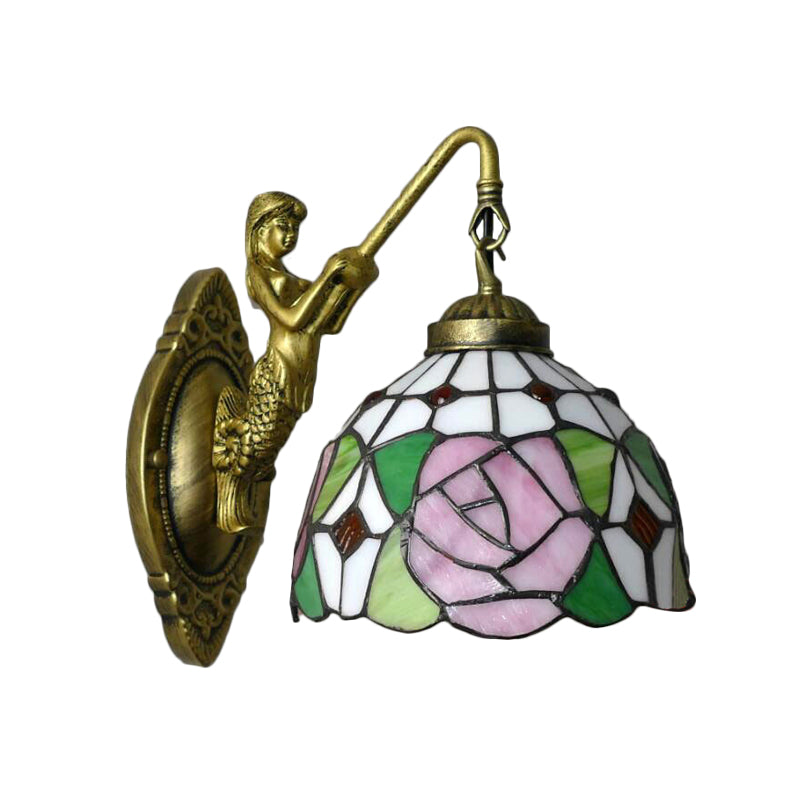 BowLift | Tiffany 1 Main Assembly Light Pink/Green-Pink Bowl Wall Lamp with Yellow Colored Glass and Mermaid Back Plate
