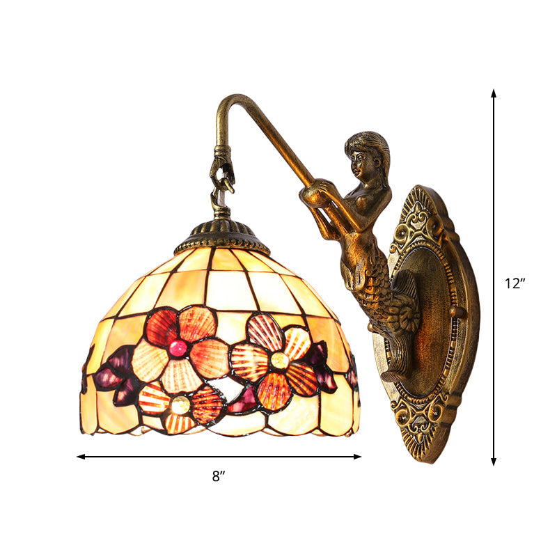 BowLift | Victorian Dome Wall Lamp Light Beige Glass 1 Head Bedside Wall Mount Light with Flower Pattern