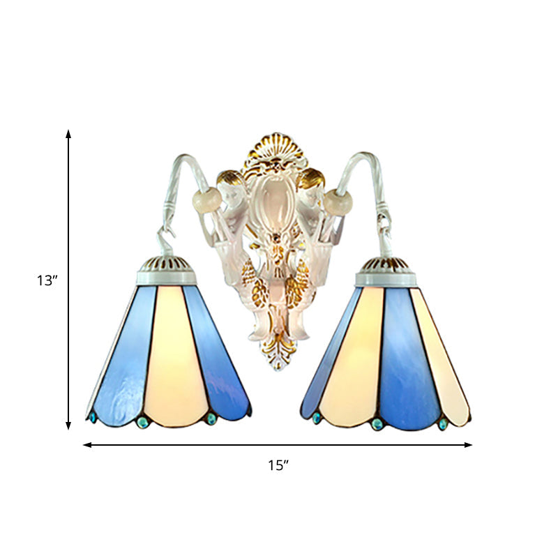 BowLift | White Conical Wall-Mounted Light Mediterranean 2 Heads Blue-Beige Glass Wall Lamp