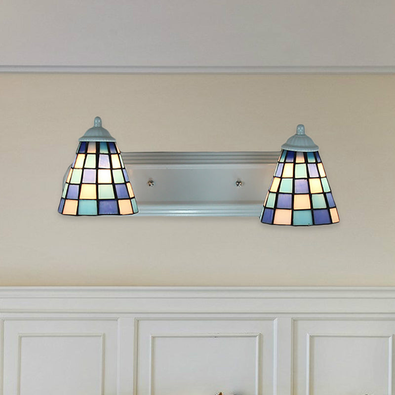 BowLift | Conical blue glass wall-mounted light baroque 2 heads wall lamp with grid pattern