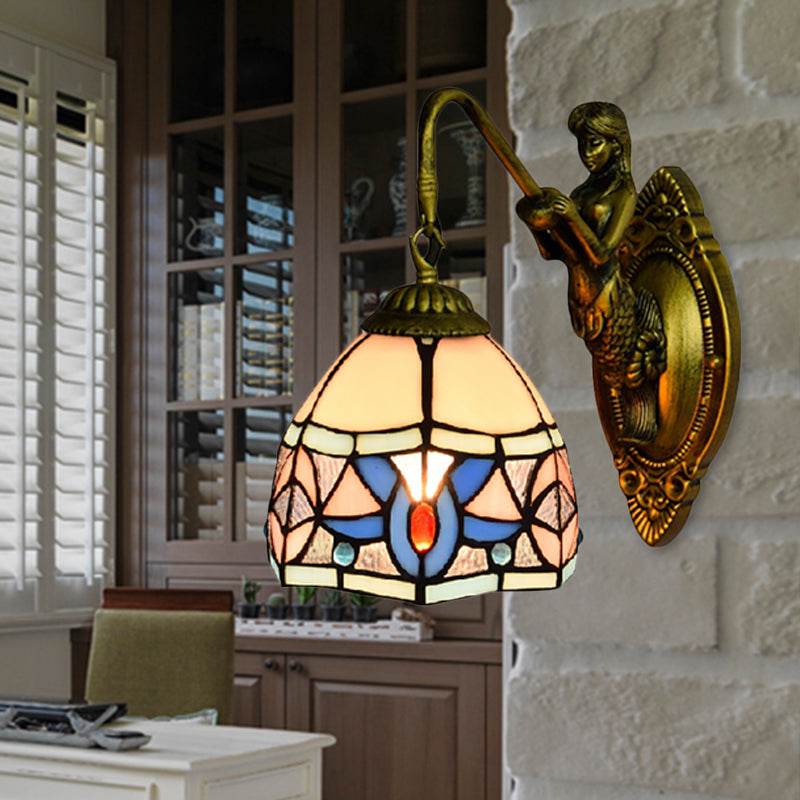 BowLift | Tiffany Bowl Wall Lamp Beige Glass 1 Head Sconces Light with Mermaid Decoration