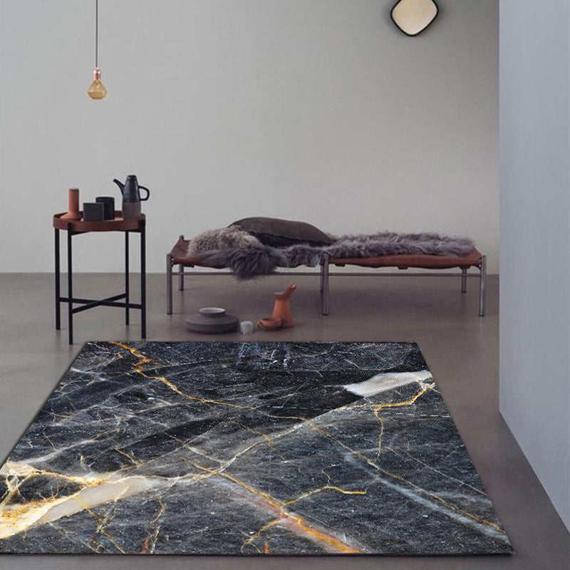 BowLift | Black Living Room Rug Modernism Marble Surface Pattern Rug Polyester Machine Washable Non-Slip Backing Rug