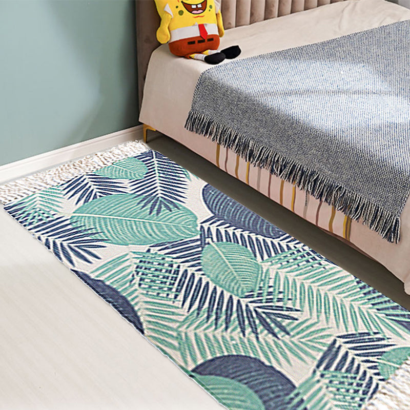 BowLift | Tropical Leaf Pattern Carpet Green Cotton Rug Non-slip Pet Friendly Washable Area Rug for Living Room