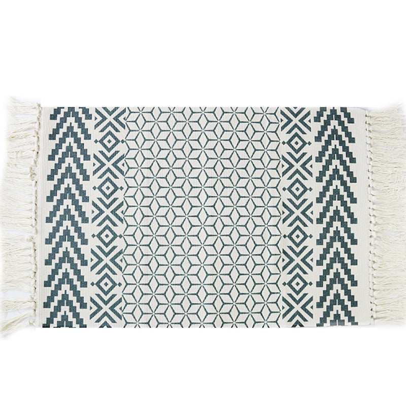 BowLift | White and blue bedroom rug southwest tribal pattern rug cotton non-slip back washable area rug