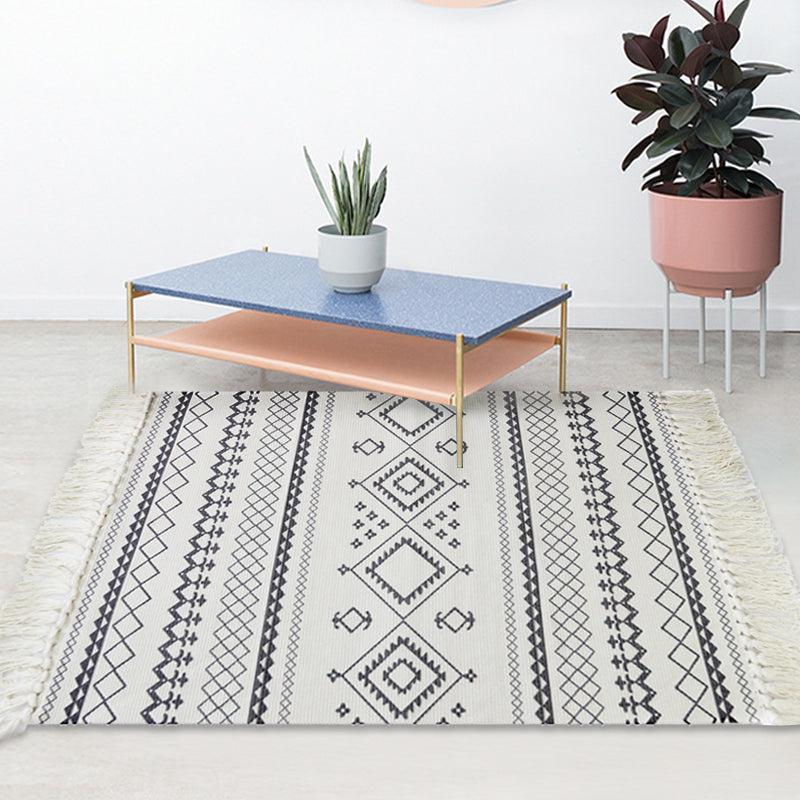 BowLift | White and blue bedroom rug southwest tribal pattern rug cotton non-slip back washable area rug