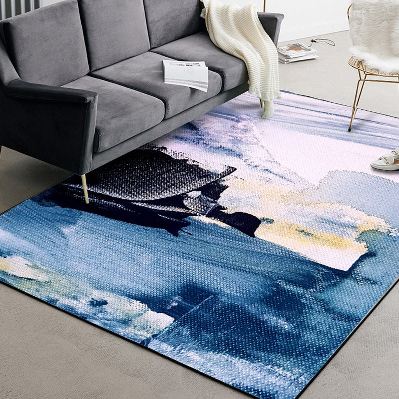 BowLift | Blue Living Room Rug Modernism Brush Stroke Pattern Rug Polyester Machine Washable Non-Slip Back Rug