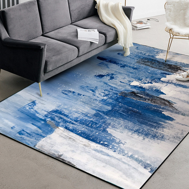 BowLift | Blue Living Room Rug Modernism Brush Stroke Pattern Rug Polyester Machine Washable Non-Slip Back Rug