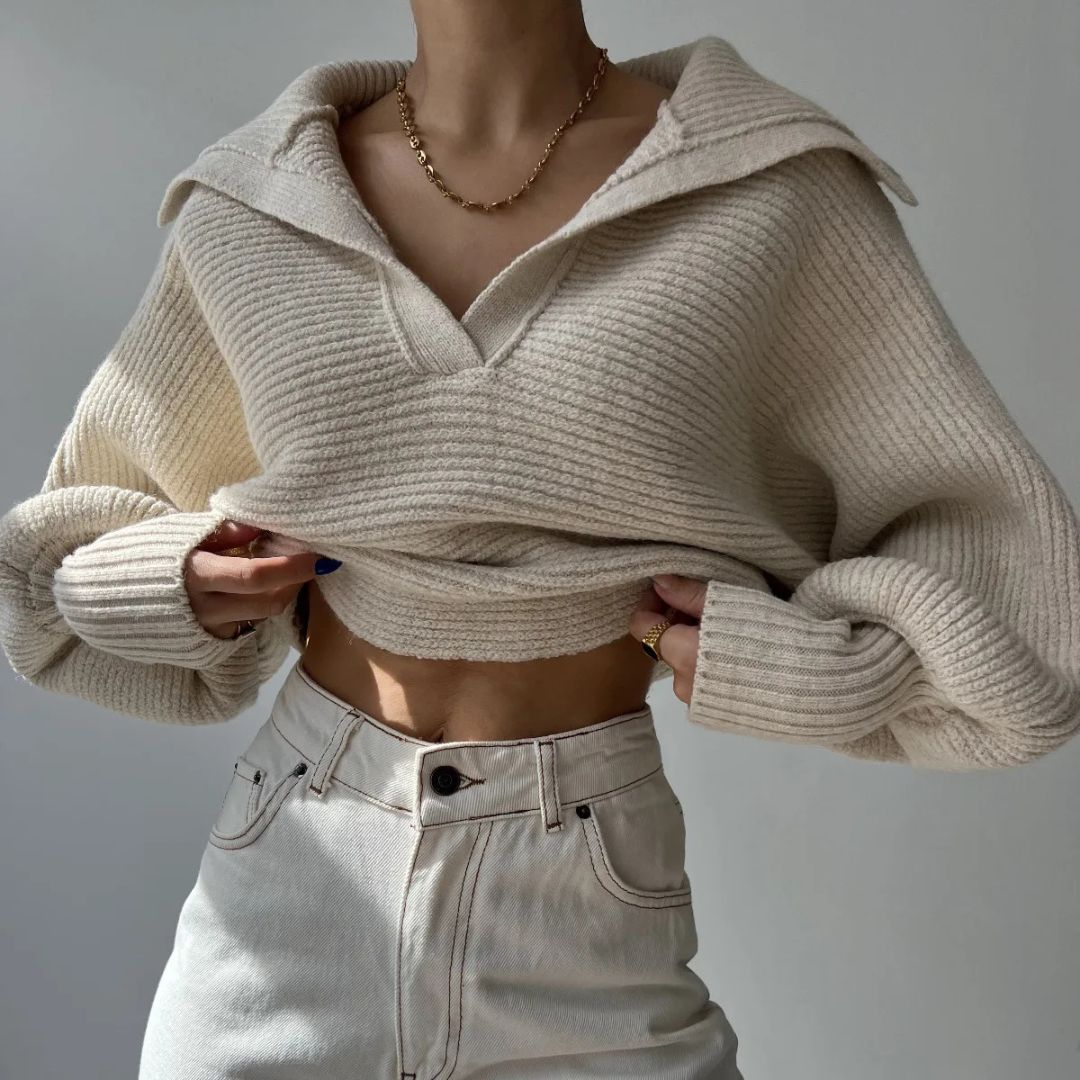 Ribbed V-Neck Sweater in Soft Stretch Knit