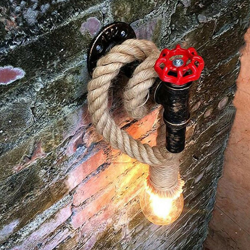 BowLift | Industrial Faucet Wall Lamp 1-Light Hemp Rope Wall Mounted Lamp in Brown for Wine Bar