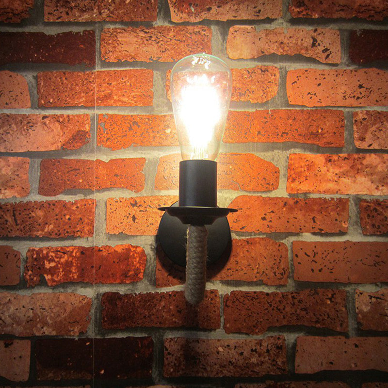 BowLift | Rope wrapping Arm Wall lamp Rustic 1 head Bathroom wall-mounted lamp with Open bulb design in Black