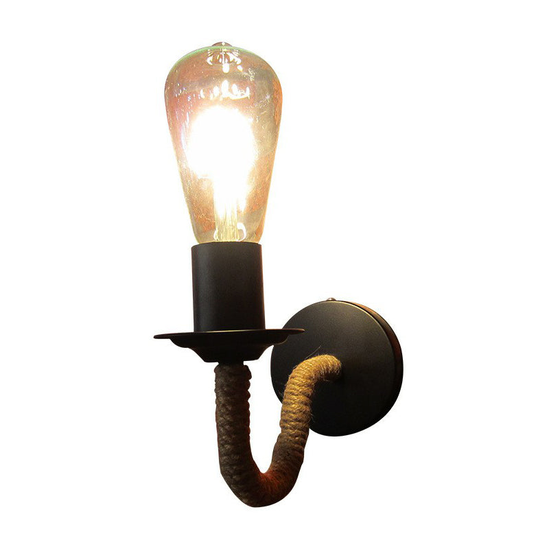 BowLift | Rope wrapping Arm Wall lamp Rustic 1 head Bathroom wall-mounted lamp with Open bulb design in Black