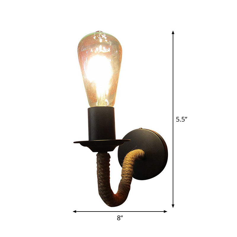 BowLift | Rope wrapping Arm Wall lamp Rustic 1 head Bathroom wall-mounted lamp with Open bulb design in Black