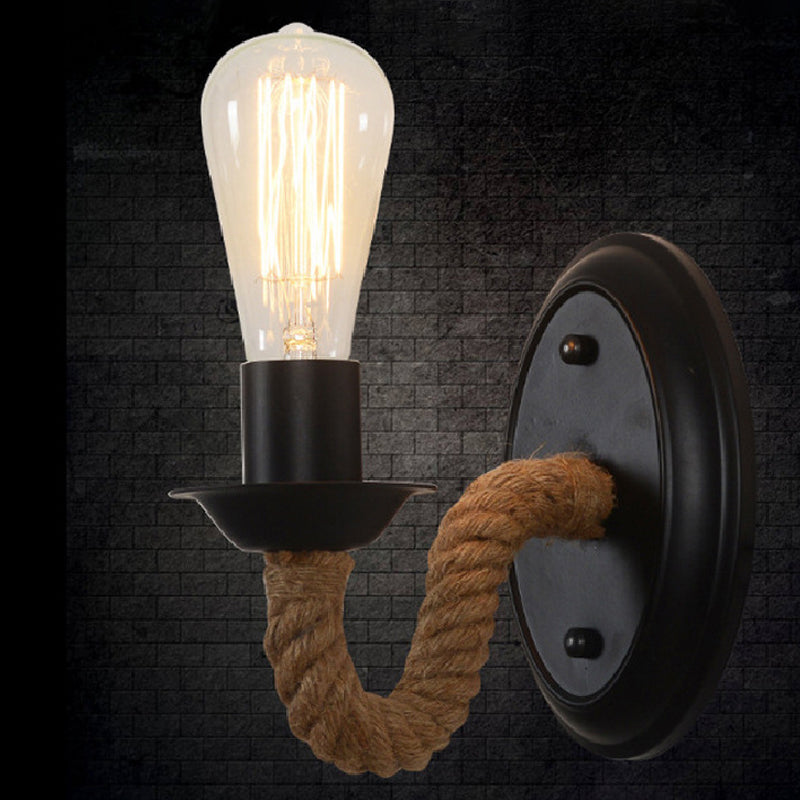 BowLift | Black 1 Bulb Wall Lamp Fixture Lodge Metal Oval/Round Back Plate Wall Light with Curved Rope Arm