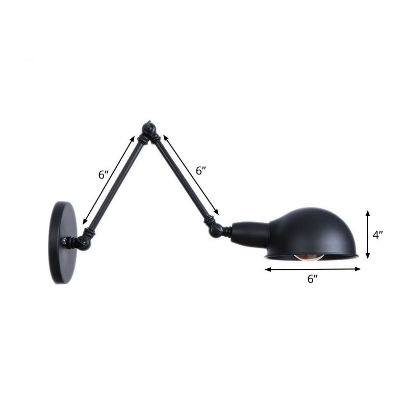 BowLift | Industrial Dome-Shaped Wall Lamp Kit Single Bulb Iron Wall Mount Lighting Fixture with Swing Arm in Black, 6"+6"/12"+6" W