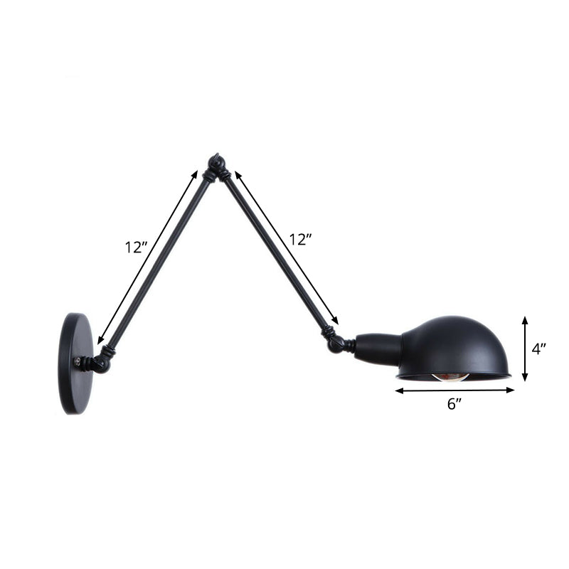 BowLift | Industrial Dome-Shaped Wall Lamp Kit Single Bulb Iron Wall Mount Lighting Fixture with Swing Arm in Black, 6"+6"/12"+6" W