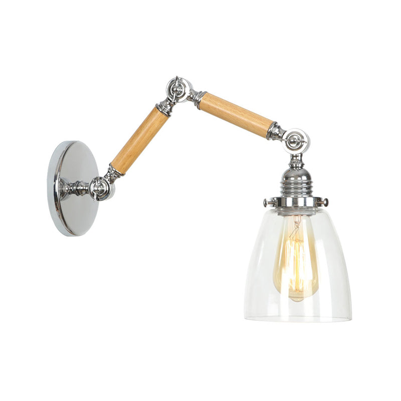 BowLift | Brown-Silver 1-Bulb Reading Wall Light Loft Clear Glass Bulb/Plate/Bell Shade Wall Lighting with Wood 2-Joint Adjustable Arm