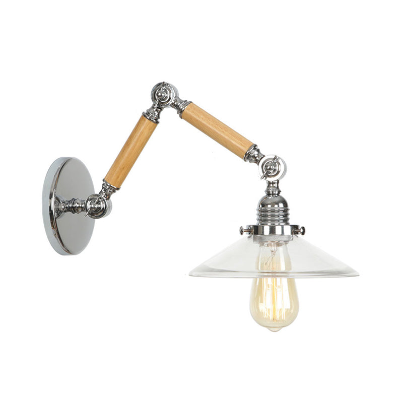 BowLift | Brown-Silver 1-Bulb Reading Wall Light Loft Clear Glass Bulb/Plate/Bell Shade Wall Lighting with Wood 2-Joint Adjustable Arm