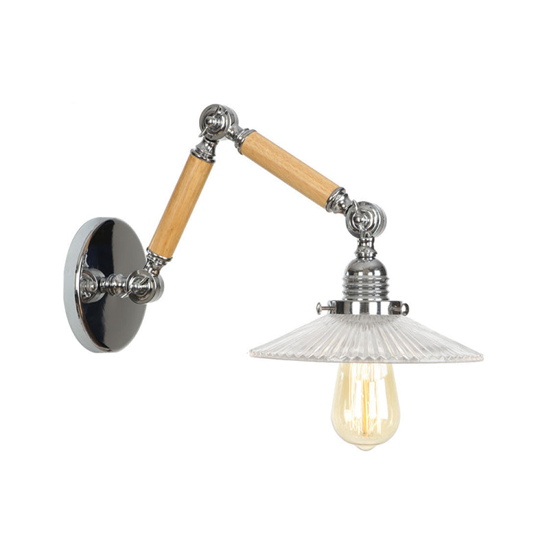 BowLift | Brown-Silver 1-Bulb Reading Wall Light Loft Clear Glass Bulb/Plate/Bell Shade Wall Lighting with Wood 2-Joint Adjustable Arm
