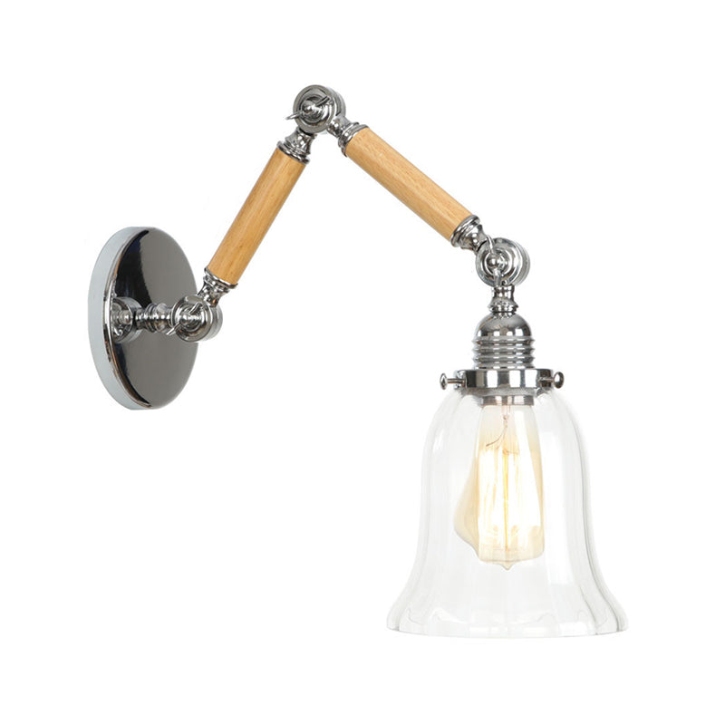 BowLift | Brown-Silver 1-Bulb Reading Wall Light Loft Clear Glass Bulb/Plate/Bell Shade Wall Lighting with Wood 2-Joint Adjustable Arm