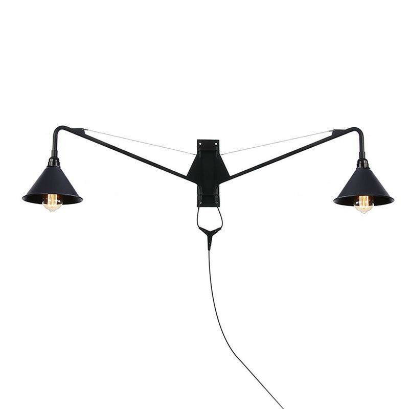 BowLift | Industrial Scalloped/Exposed Wall Lamp 1/2-Light Iron Plug-in Wall Mounted Lighting with Long Swing Arm in Black