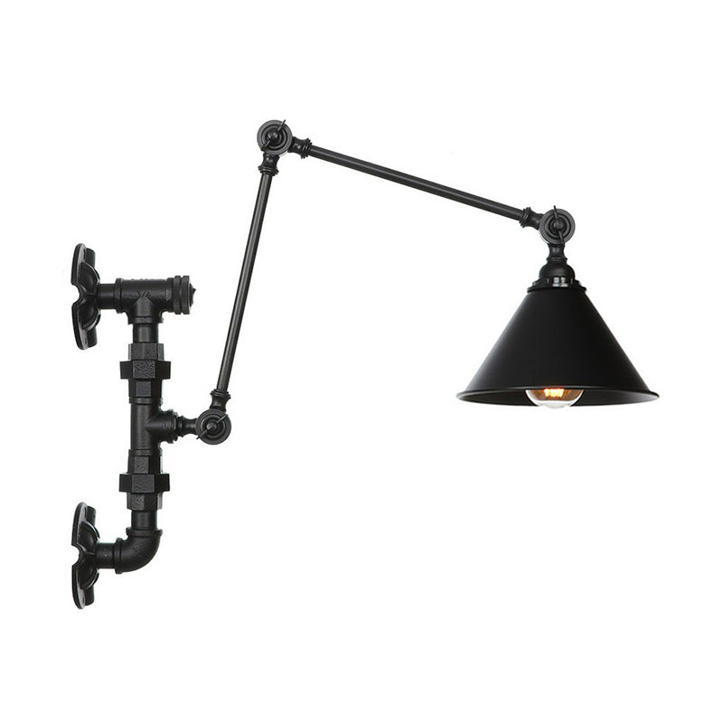 BowLift | Cone/Flared Living Room Wall Lamp Industrial Iron 1-Light Black Rotatable Wall Lighting with Water Pipe Mount