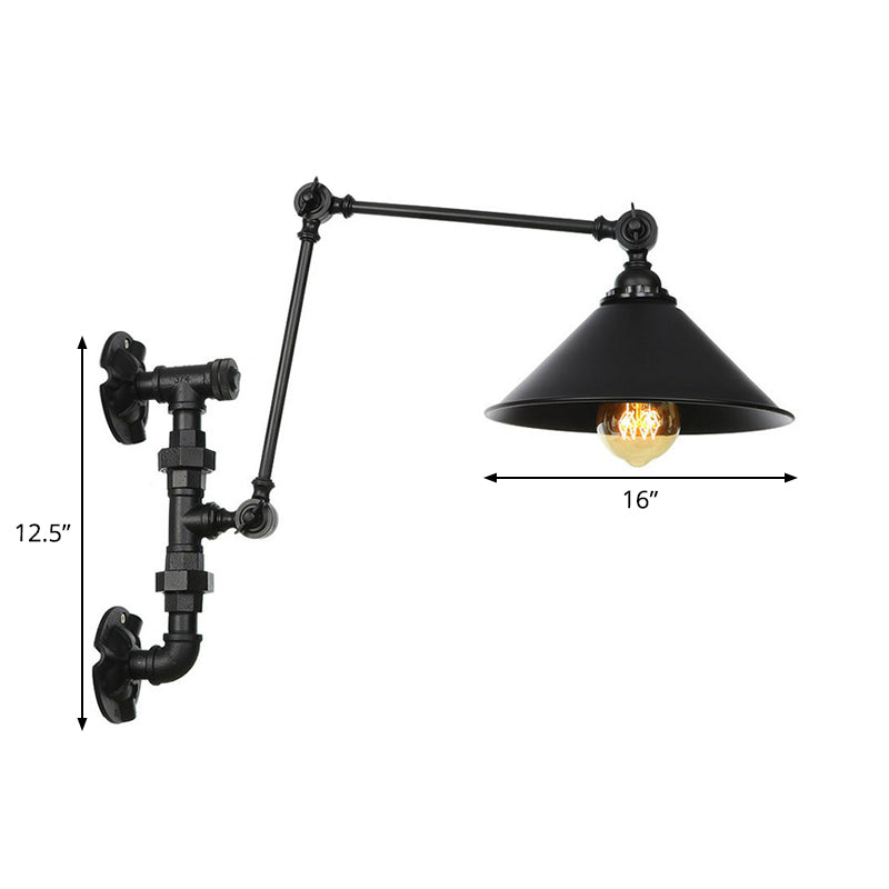 BowLift | Cone/Flared Living Room Wall Lamp Industrial Iron 1-Light Black Rotatable Wall Lighting with Water Pipe Mount