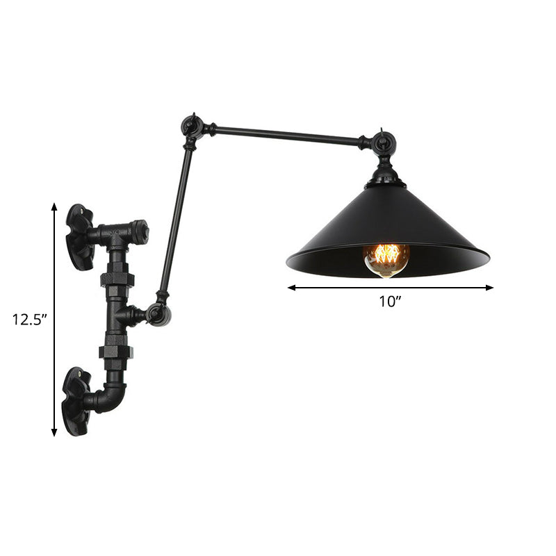 BowLift | Cone/Flared Living Room Wall Lamp Industrial Iron 1-Light Black Rotatable Wall Lighting with Water Pipe Mount
