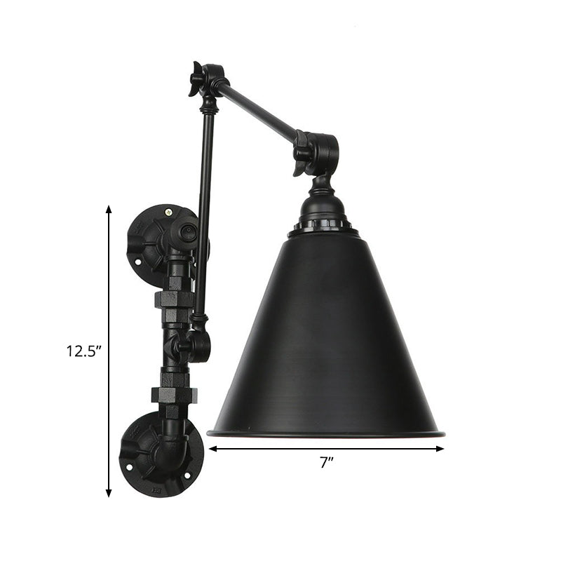 BowLift | Cone/Flared Living Room Wall Lamp Industrial Iron 1-Light Black Rotatable Wall Lighting with Water Pipe Mount