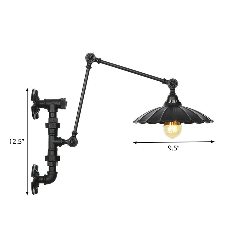 BowLift | Cone/Flared Living Room Wall Lamp Industrial Iron 1-Light Black Rotatable Wall Lighting with Water Pipe Mount