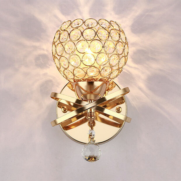 BowLift | Cross arm globe neck metal umbrella wall lamp crystal wall lamp in gold with hanging crystal ball