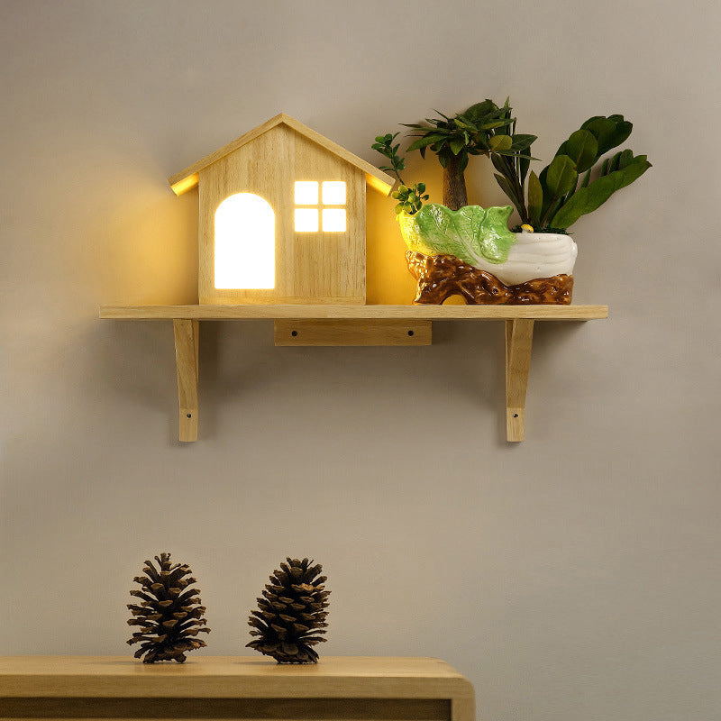 BowLift | Beige Lodge Wall Lamp Interior Nordic Wood LED Wall Cabinet with Shelf, Warm/White Light