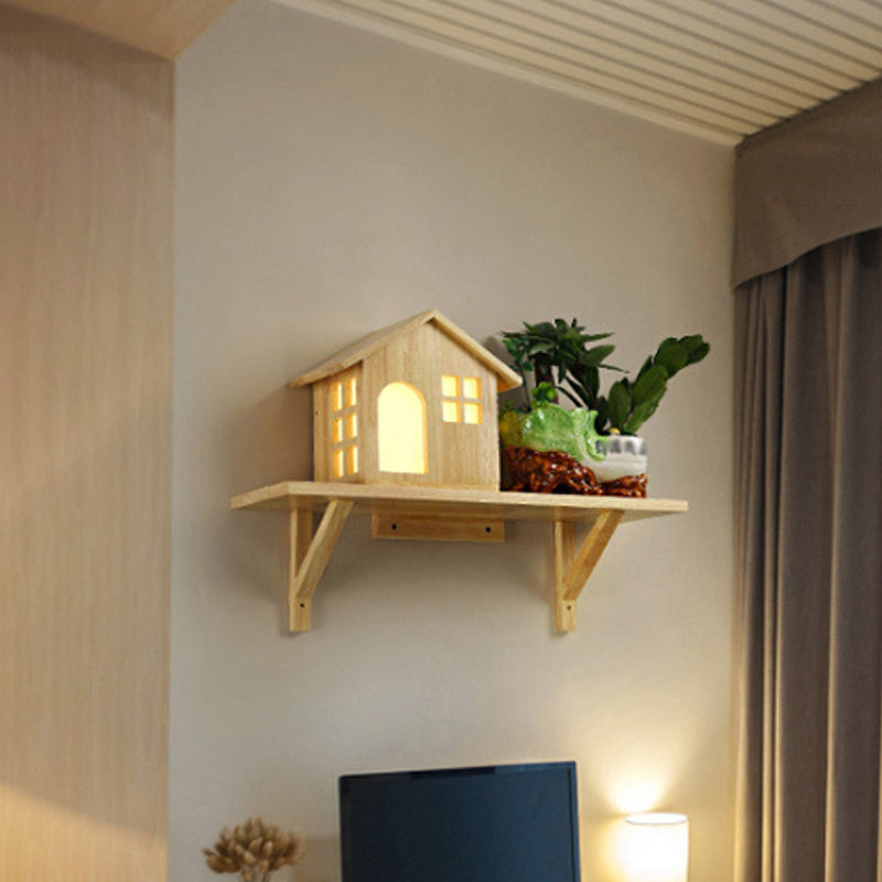 BowLift | Beige Lodge Wall Lamp Interior Nordic Wood LED Wall Cabinet with Shelf, Warm/White Light
