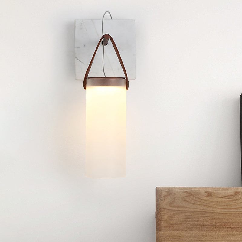 BowLift | Cylinder Nightstand Wall Hanging Lamp White Glass Nordic LED Wall Lamp with Leather Strap