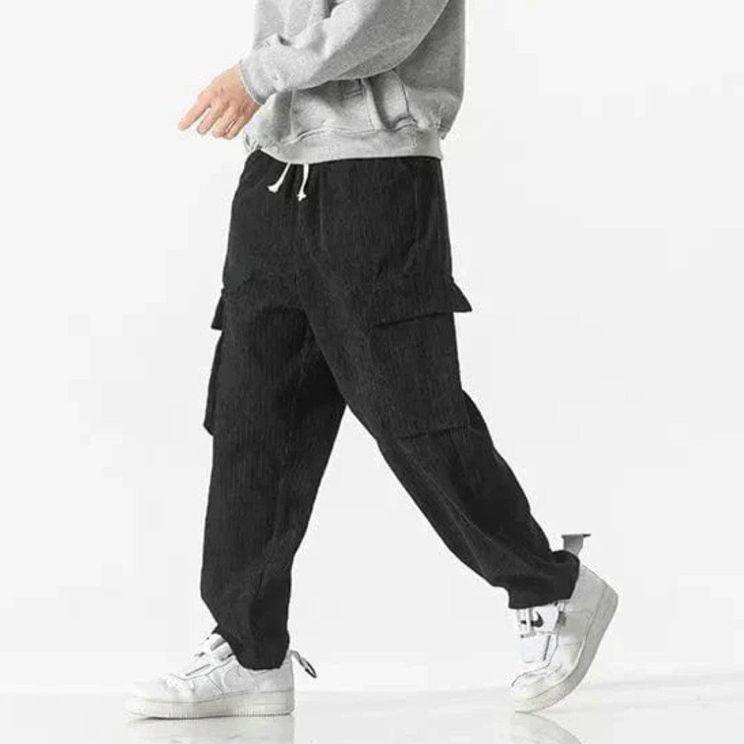 Corduroy Cargo Trousers with Drawstring Waist and Utility Pockets