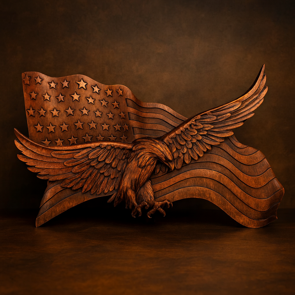 BowLift | American Flag Wood Wall Art Hand Carved Eagle Patriotic Decoration