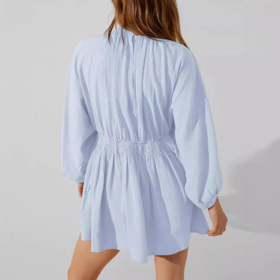 V-Neck Mini Dress with Long Sleeves and Gathered Waist