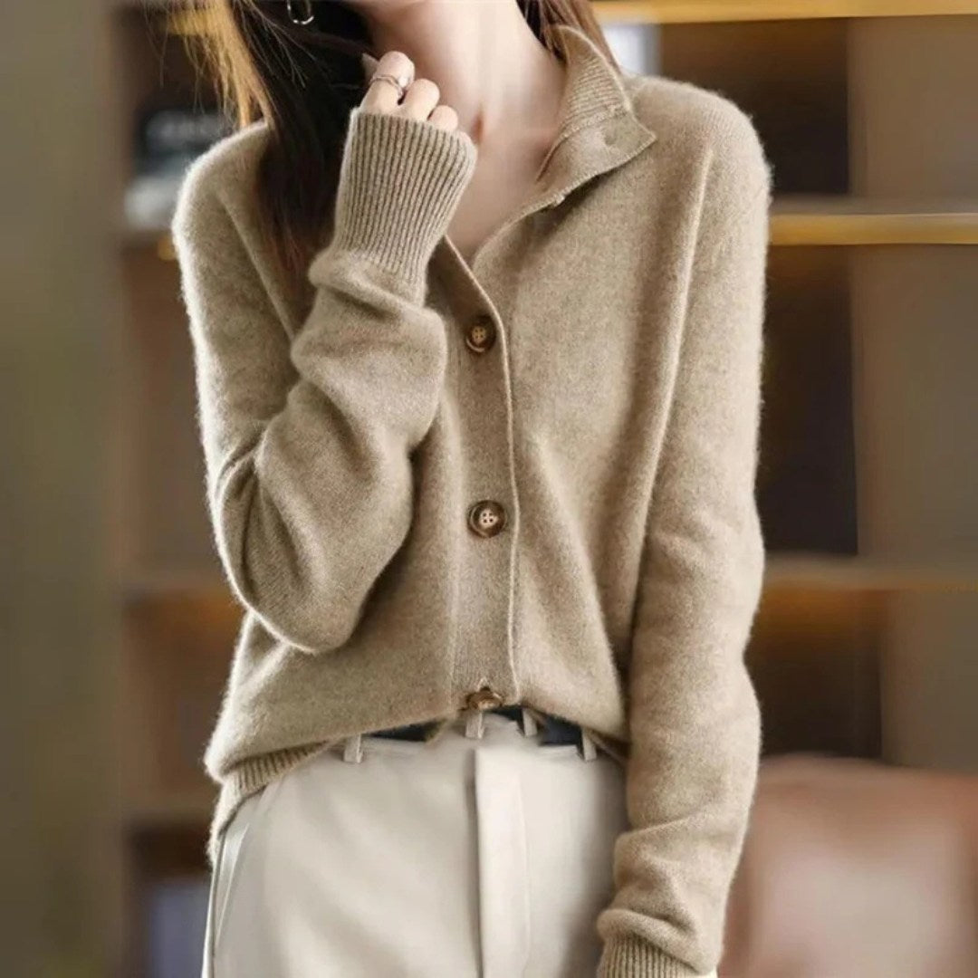 Wool Blend Cardigan with Scalloped Buttons and Stand-Up Collar