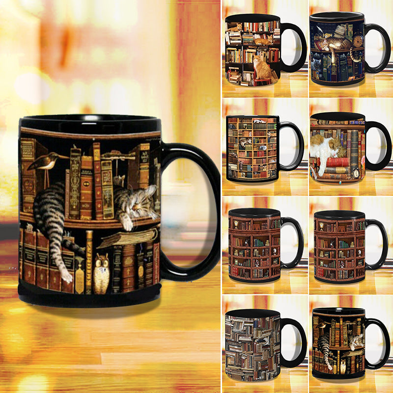 BowLift | Bookshelf Ceramic Coffee Mug - Gift for Cat Book Lovers