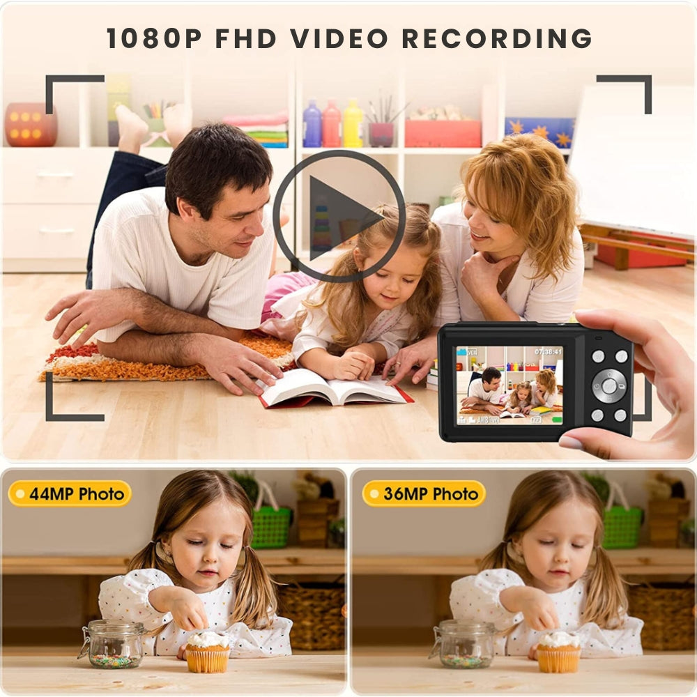 BowLift | Portable Digital Camera 1080P 44MP with 16X Zoom β Compact Vlogging Camera with LCD Screen, Rechargeable, Perfect for Teens and Students